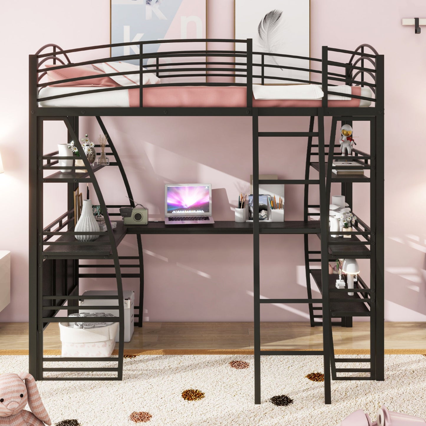 Loft Bed With 4 Layers Of Shelves And L-Shaped Desk, Stylish Metal Frame Bed With A Set Of Sockets, USB Ports And And Wireless Charging