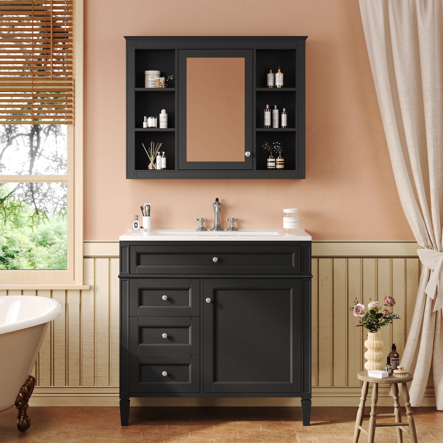 Bathroom Vanity With Mirror Cabinet, Storage Cabinet With 2 Soft Closing Doors And 4 Drawers, Undermount Sink