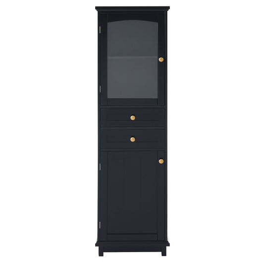 Tall Bathroom Storage Cabinet With Glass Doors, Free-Standing, Two Drawers, And Adjustable Shelves, Board, Painted Perfect For Displaying Your Favorite Items