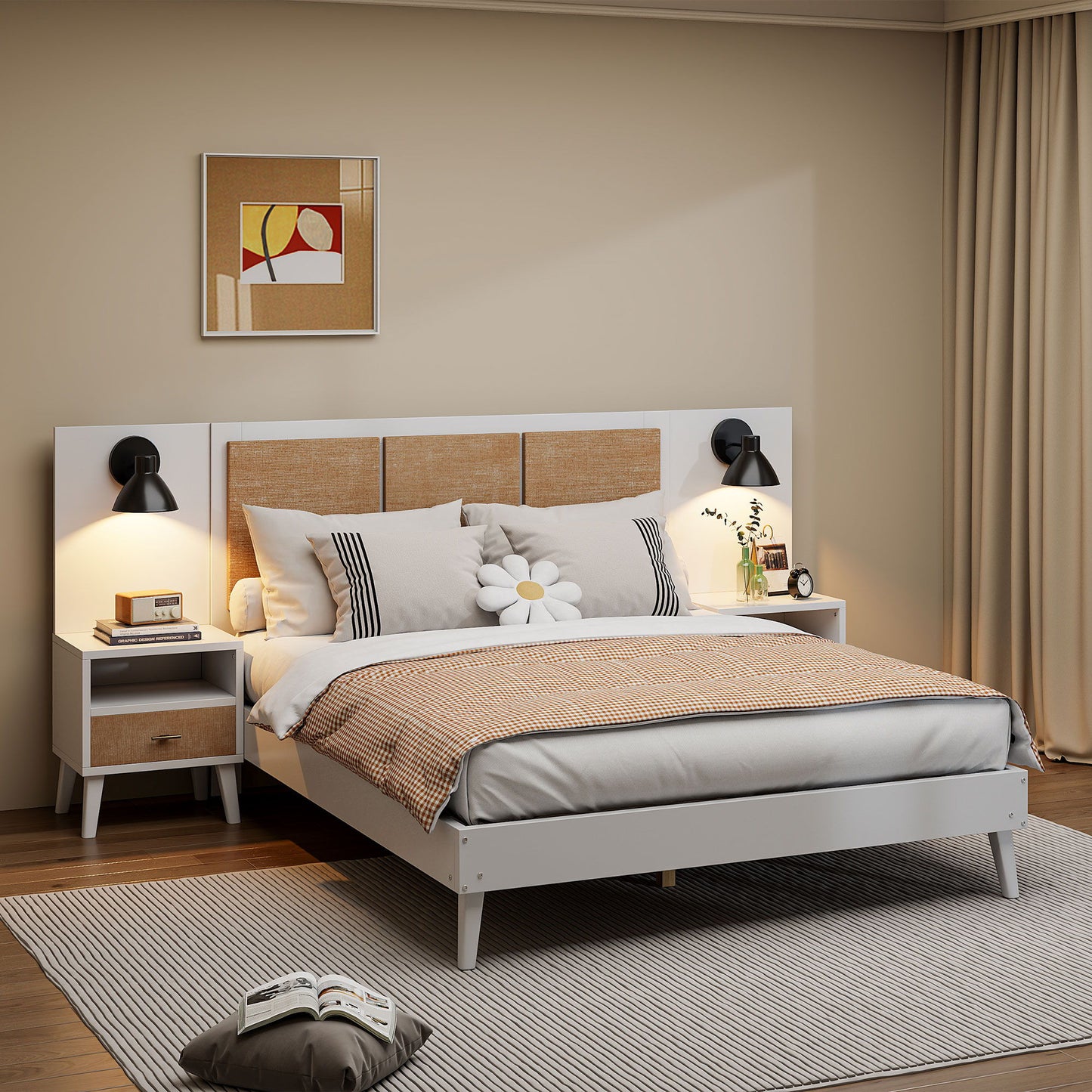 Solid Wood Bed Frame With 2 Nightstands, Elegant Design With Lamps, Rattan And Wood Combination