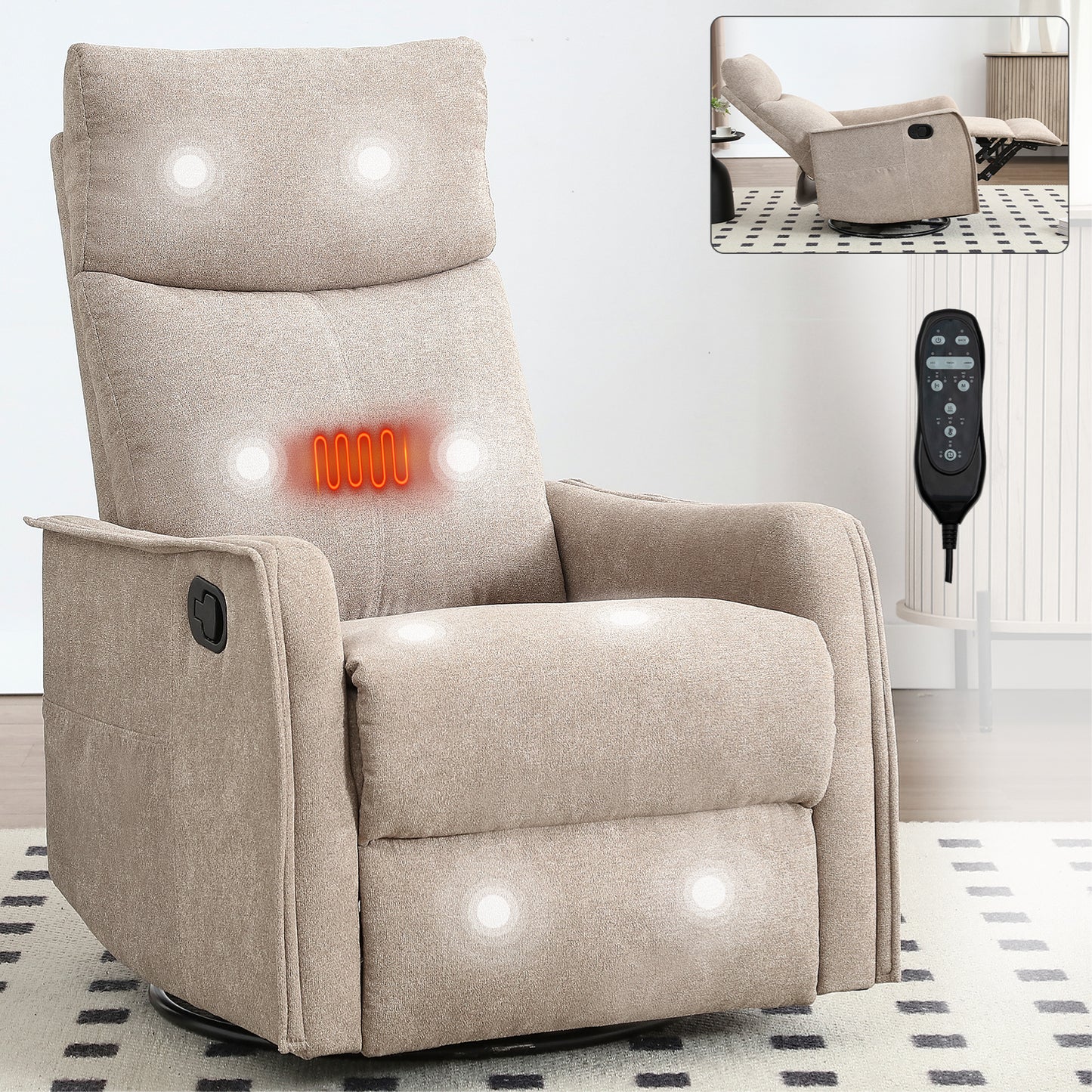 Heat Massage Manual Recliner Chair with Rocker and Swivel in Fabric for Living Room, Khaki