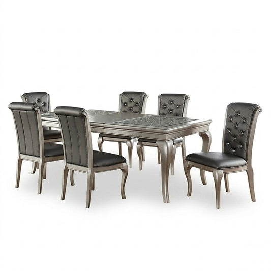 Rectangle Dining Table With Glass Top And 6 Tufted Back Chairs - Gray / Silver