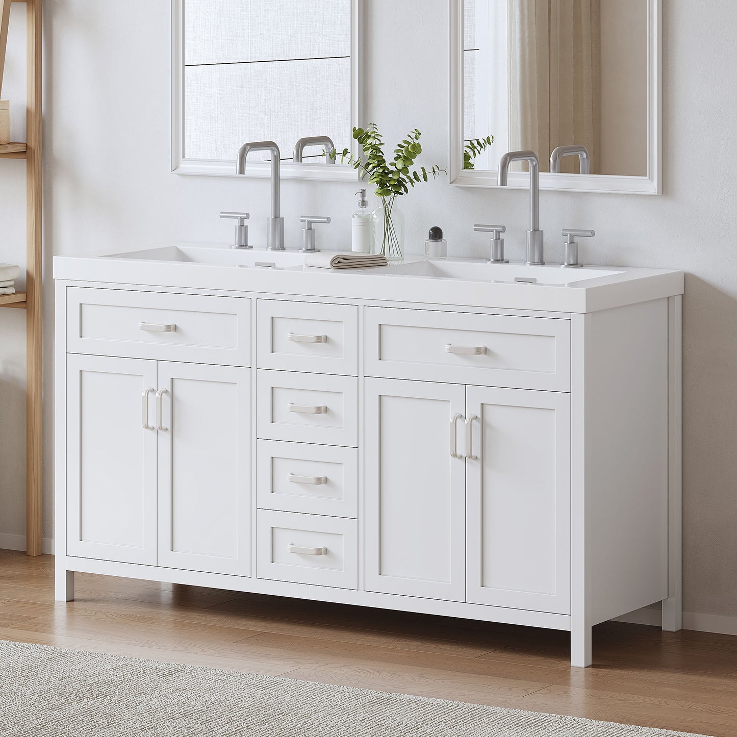59.1" Minimalist Double Sink Bathroom Vanity With Top, Soft Close Doors & Drawers - White