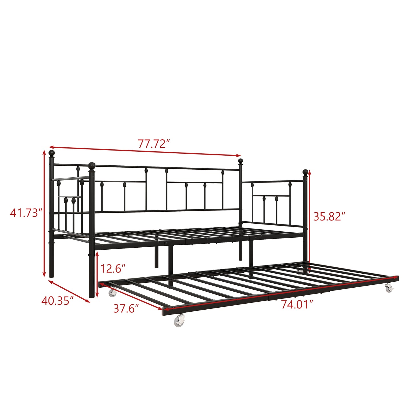 Twin Size Daybed Metal Frame with Trundle Set, Twin Day Bed Sofa, Daybed and Roll Sofa Bed for Guest Room, Bedroom, Living Room, Victorian Style, Black