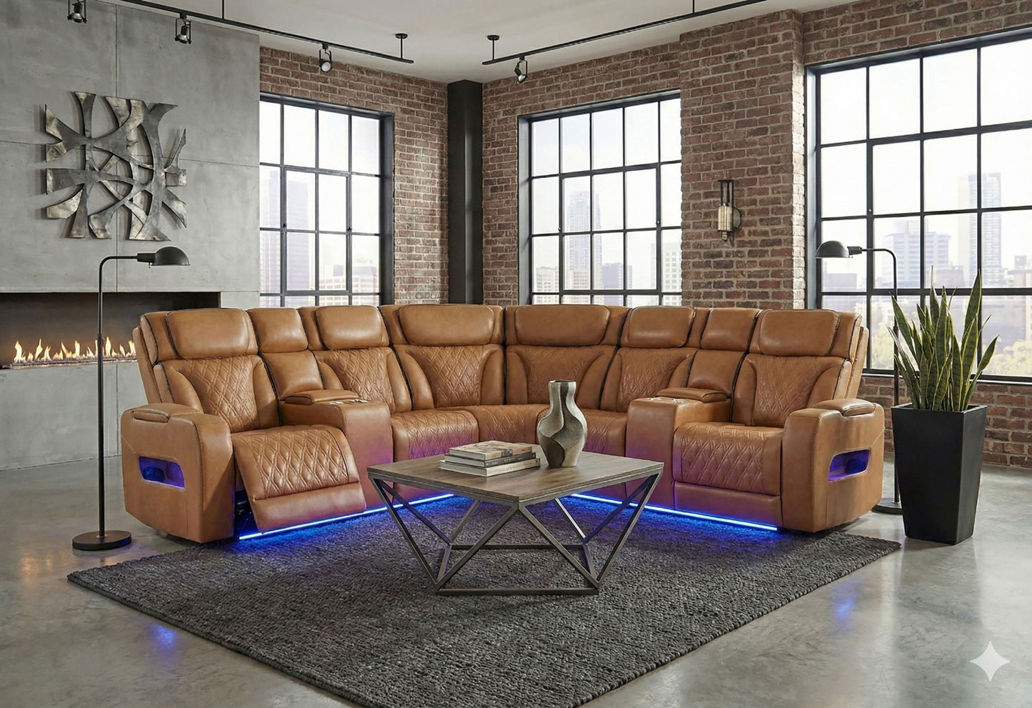 U8611 - Sectional With Power Headrest, Continuous LED And Speaker - Brown