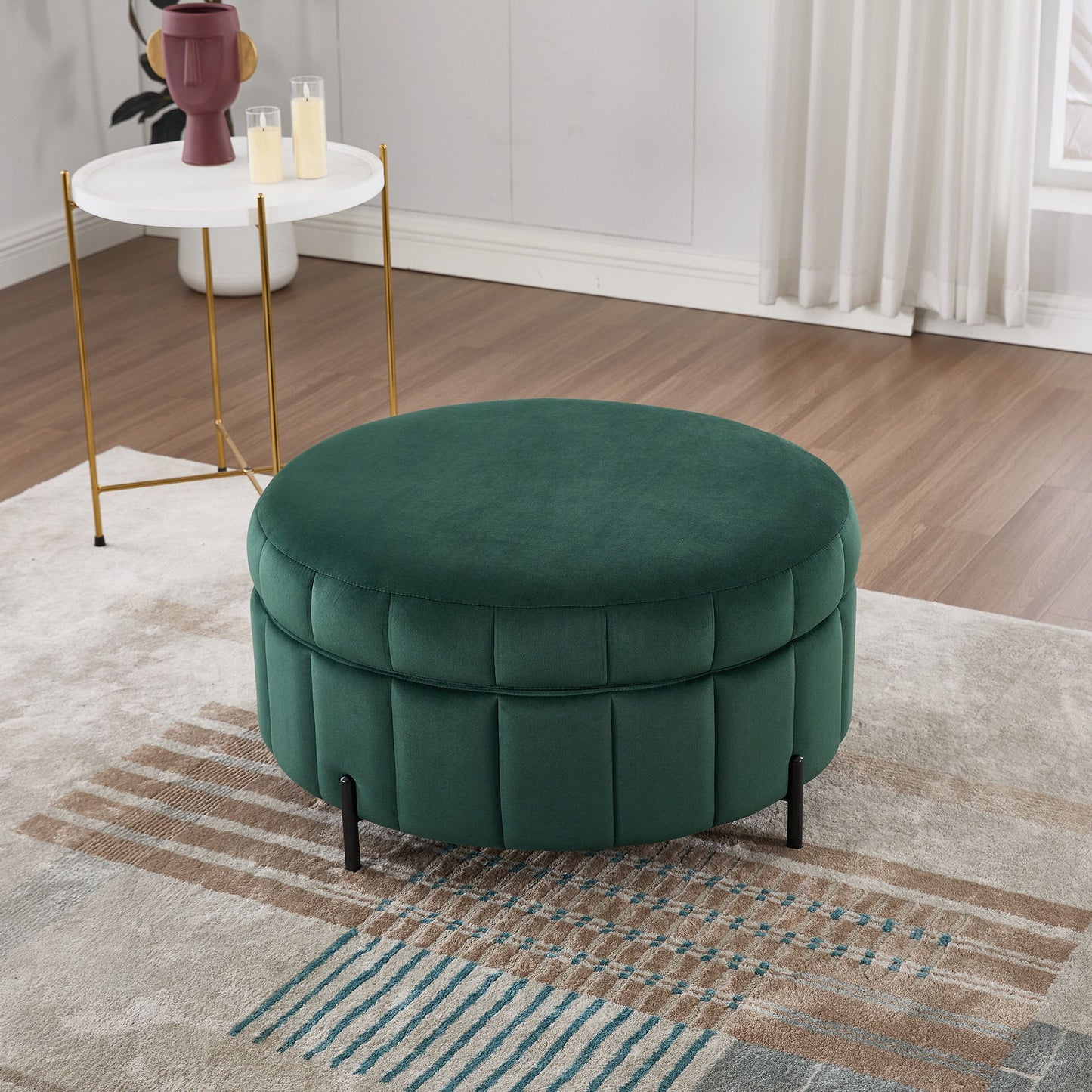 Upholstered Round Ottoman With Reversible Lid, Channel Tufted Pumpkin Shape