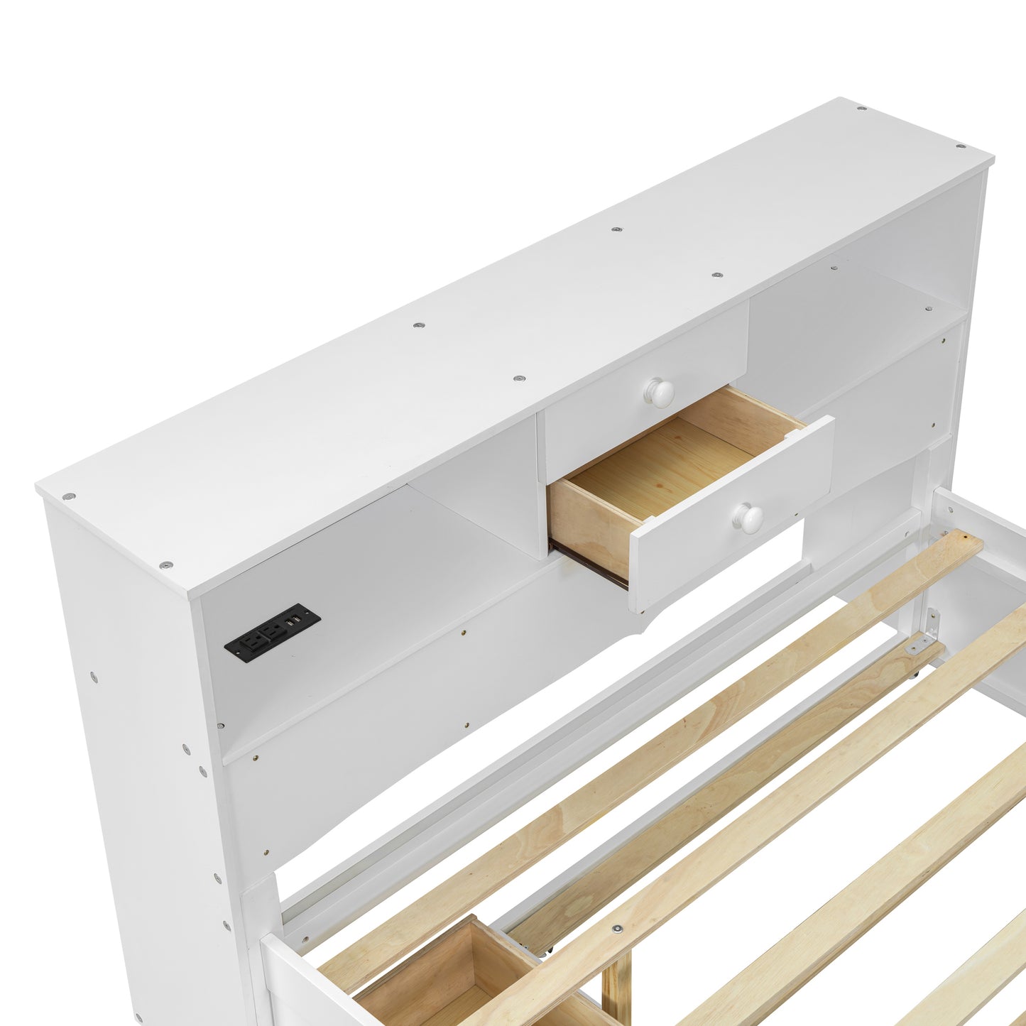 Full Size Wood Pltaform Bed with win Size Trundle, 3 Drawers, Upper Shelves and a set of USB Ports & Sockets, White