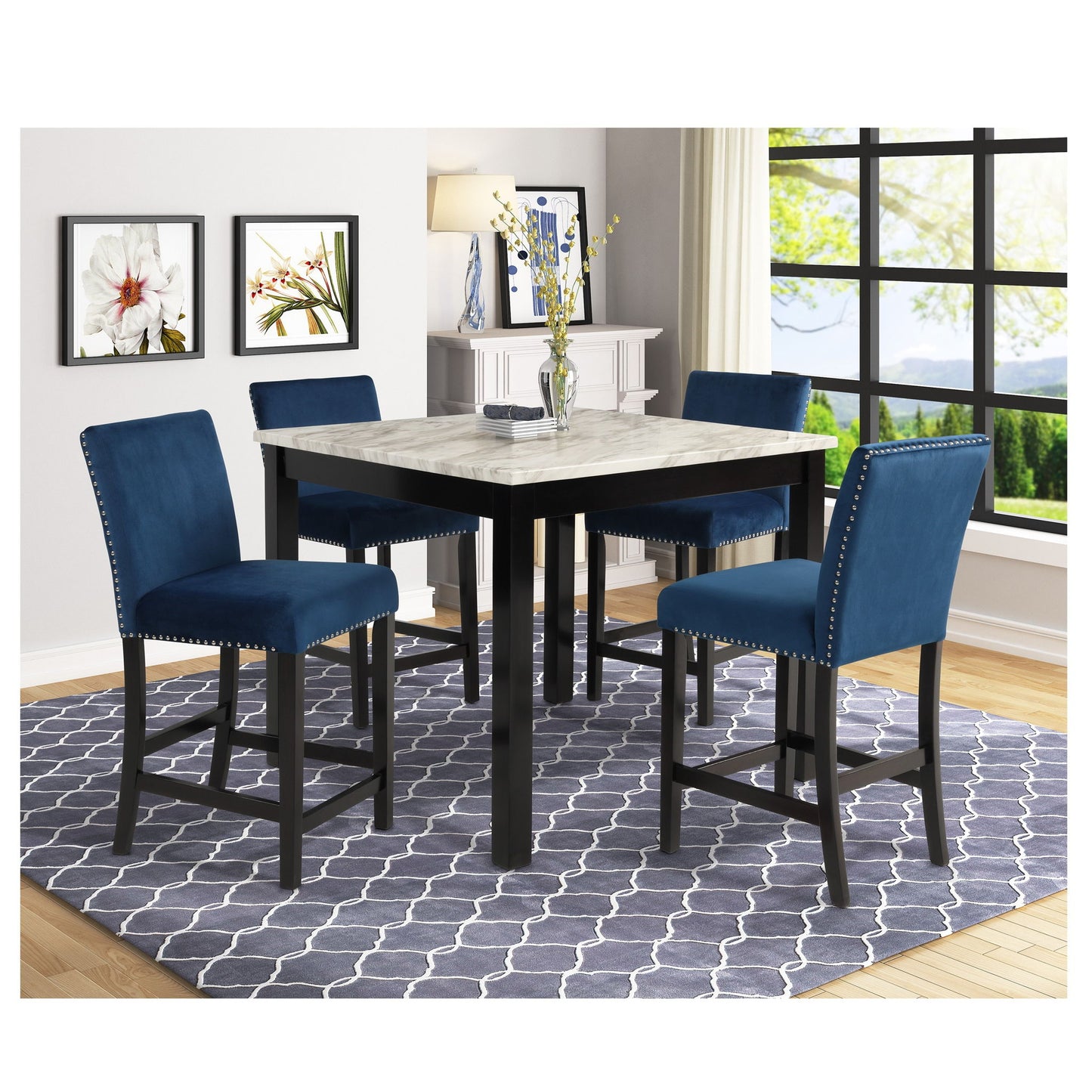 Modern 5 Piece Counter Height Dining Set With Tufted Nail Head Chairs