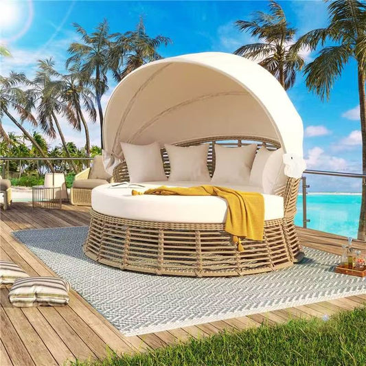 Outdoor Patio Rattan Round Daybed With Retractable Canopy, Wicker Furniture Round Poolside Sofa Sunbed With Removable Cushions, Backyard, Porch - Beige