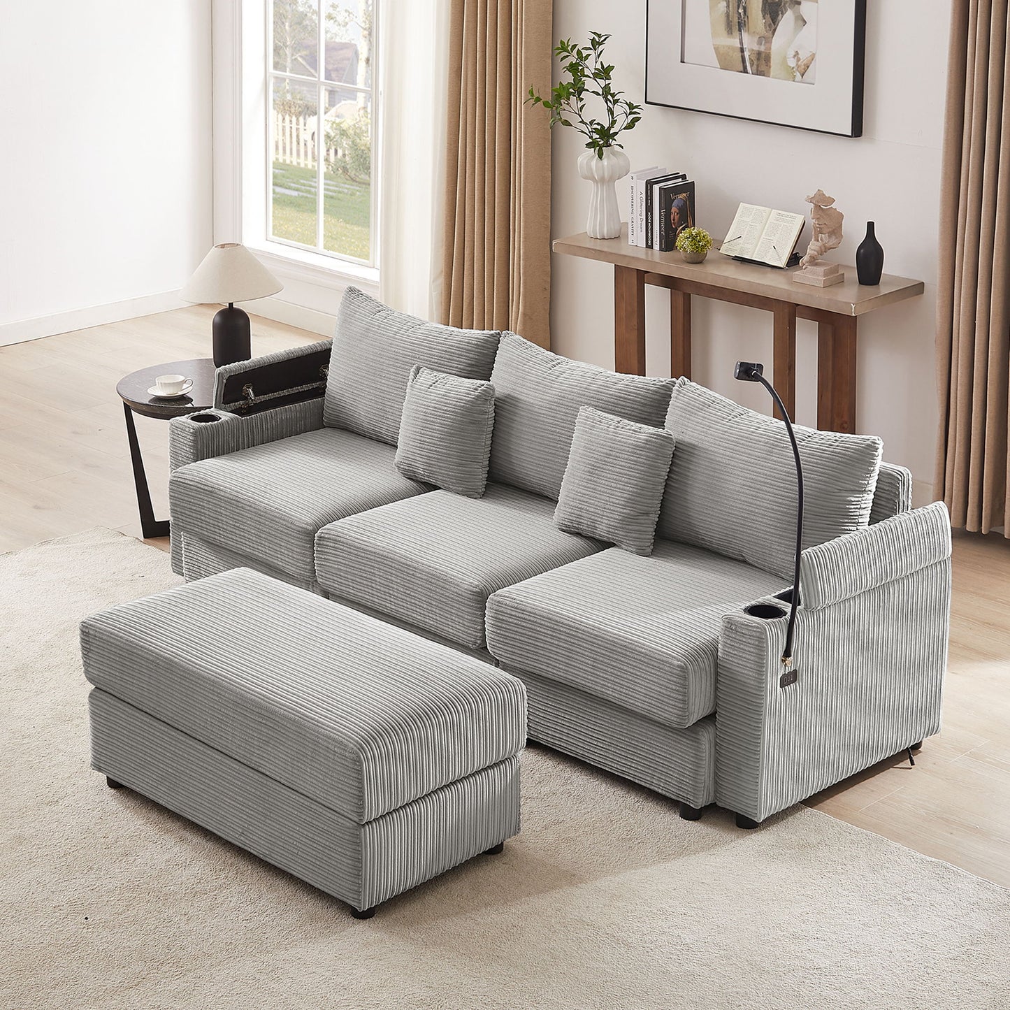 Modern Style Loveseat Sofa Sectional Sofa Couch With Storage Space, A Movable Ottoman, Two USB Ports, Two Cup Holders, A Phone Holder For Living Room