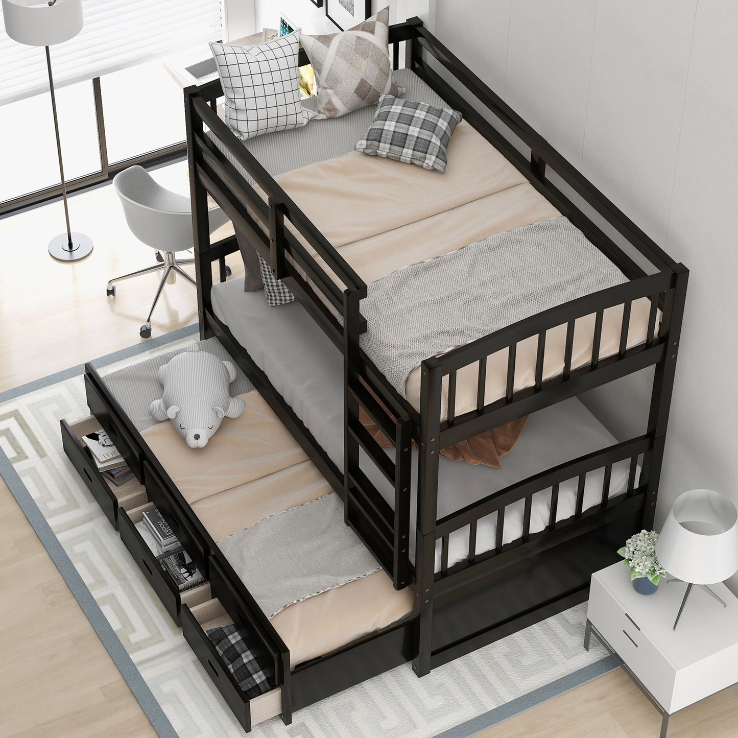 Twin Over Twin Wood Bunk Bed With Trundle And Drawers - Espresso