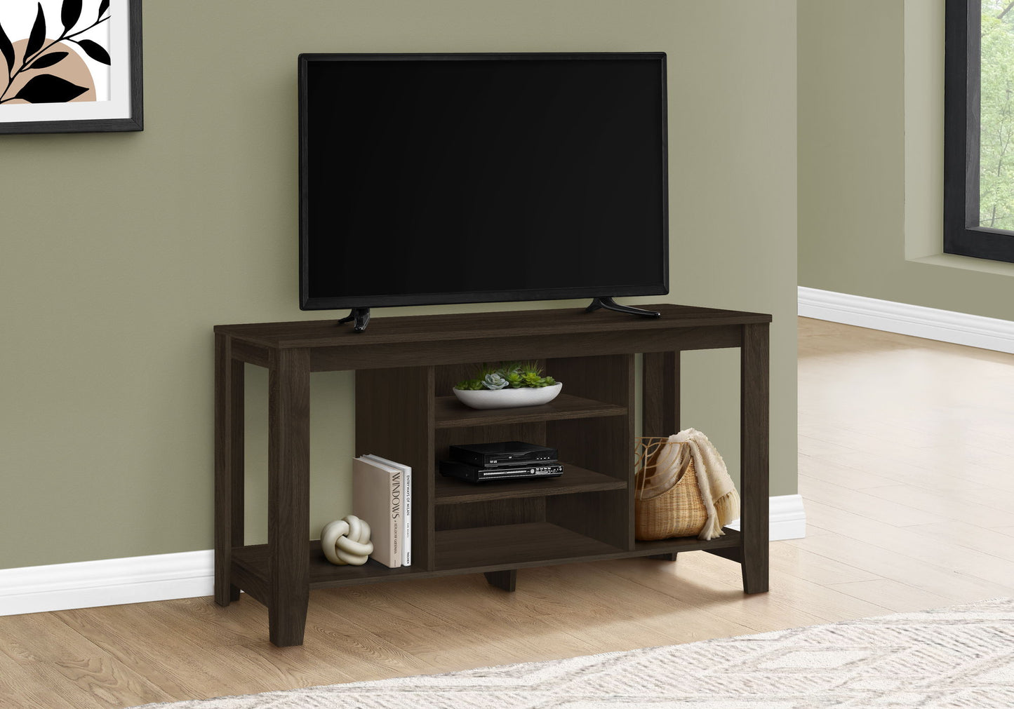 TV Stand, Console, Media Entertainment Center, Storage Shelves, Durable Construction - Espresso