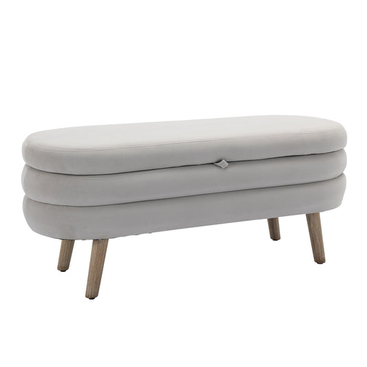 Velvet Fabric Storage Bench With Wood Legs For Bedroom And Living Room - Light Gray