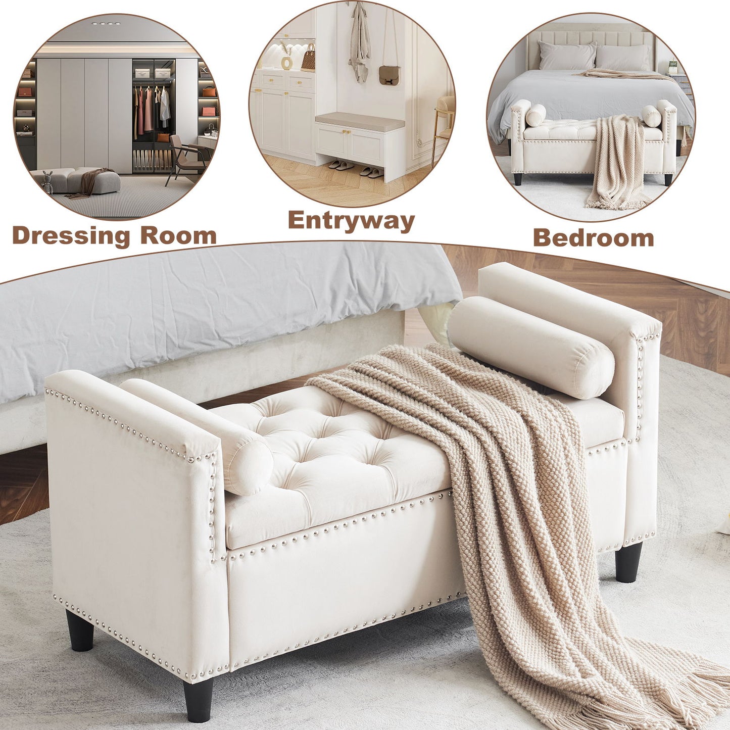 Queen Velvet Button Bedside Storage Bench With Armrests, Nailhead Trim