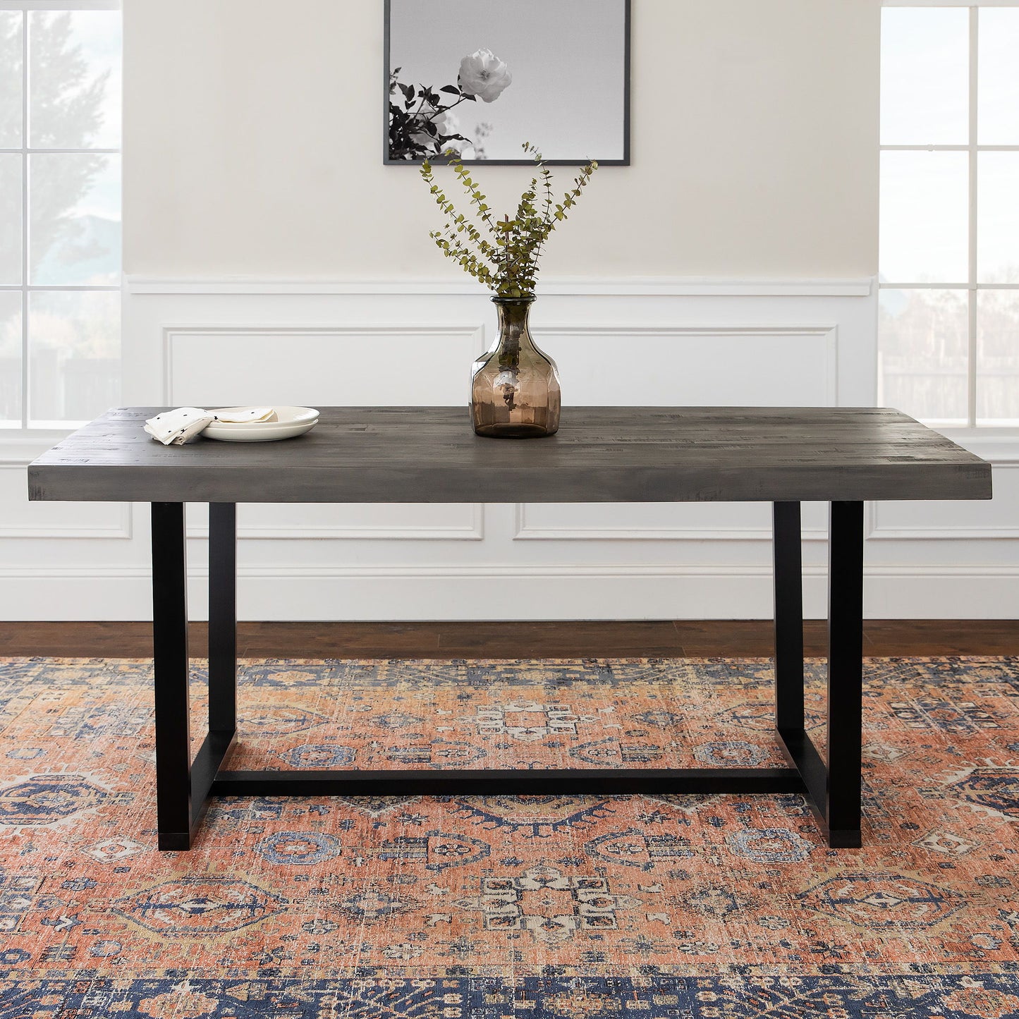 Modern Distressed Solid Wood And Metal Open Frame Dining Table