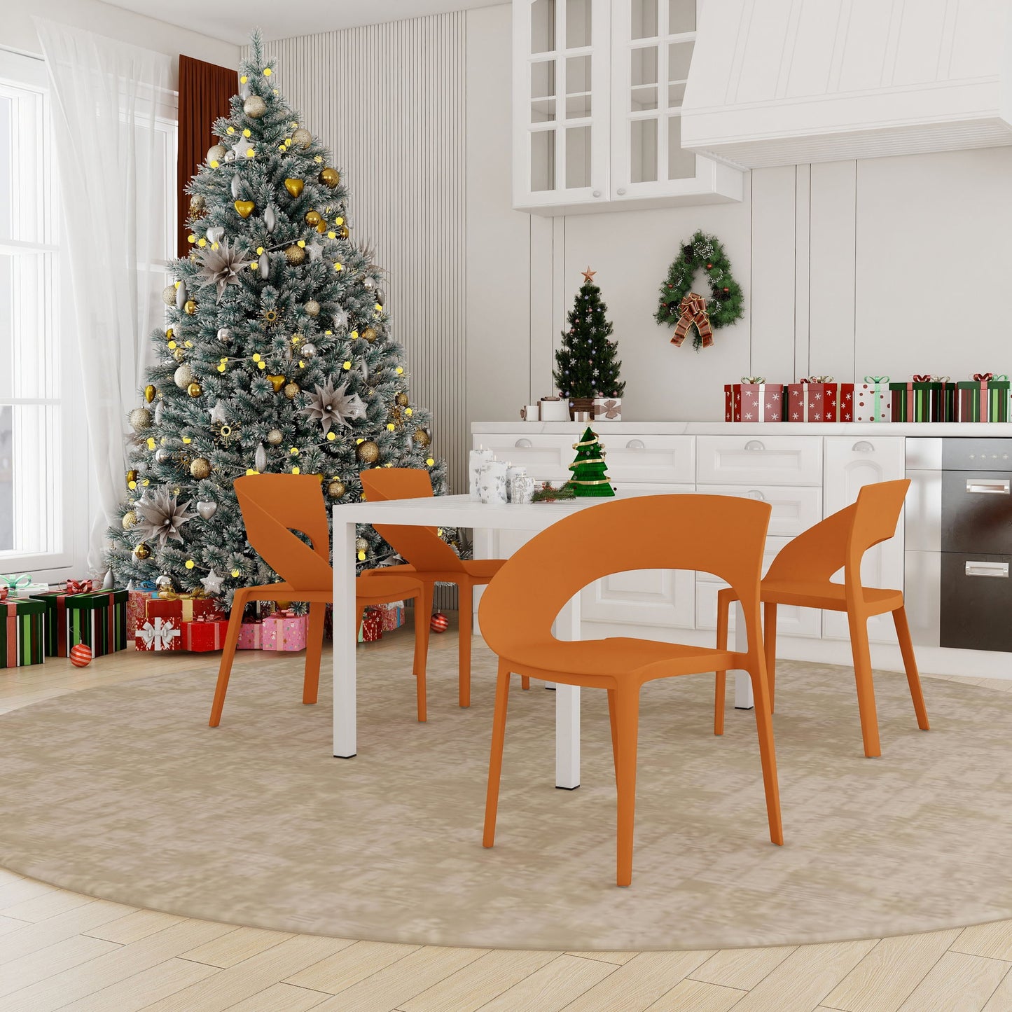4 Piece Set Of Color Block Designed Single Chairs With Long Table - Tropical Orange / White