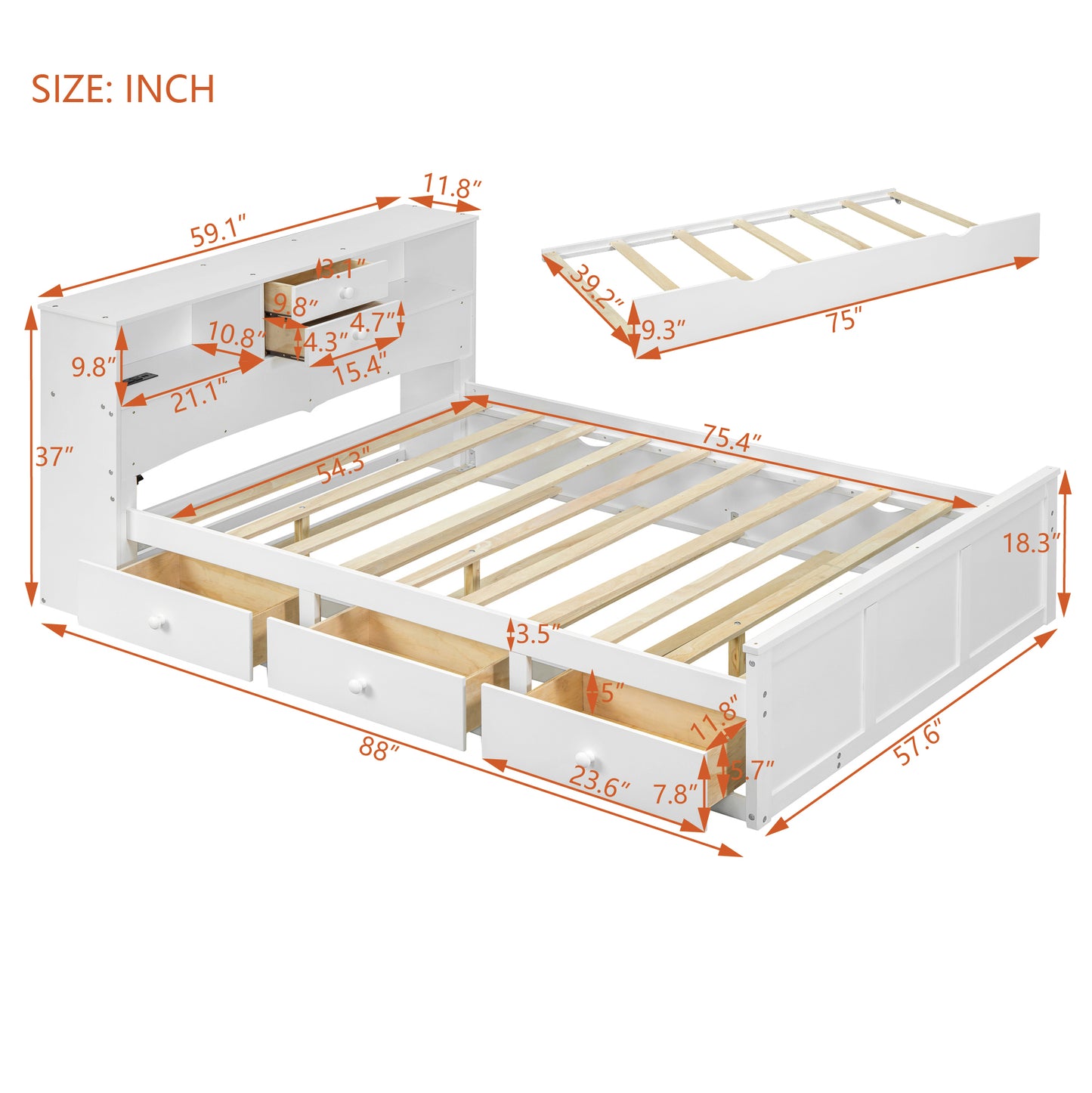 Full Size Wood Pltaform Bed with win Size Trundle, 3 Drawers, Upper Shelves and a set of USB Ports & Sockets, White