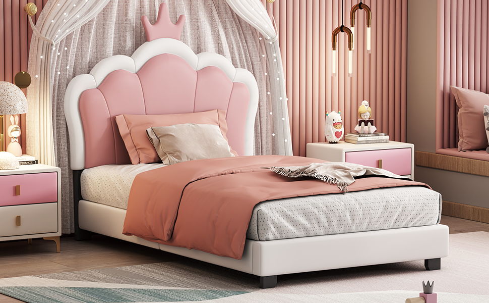 Twin Size Upholstered Princess Bed With Crown Headboard, Twin Size Platform Bed With Headboard And Footboard - White / Pink