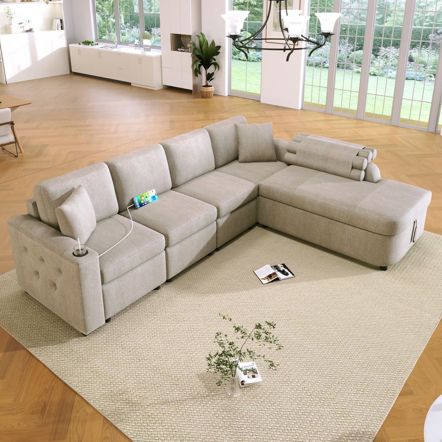 L-Shaped Couch Sectional Sofa With Storage Chaise, Cup Holder And USB Ports For Living Room