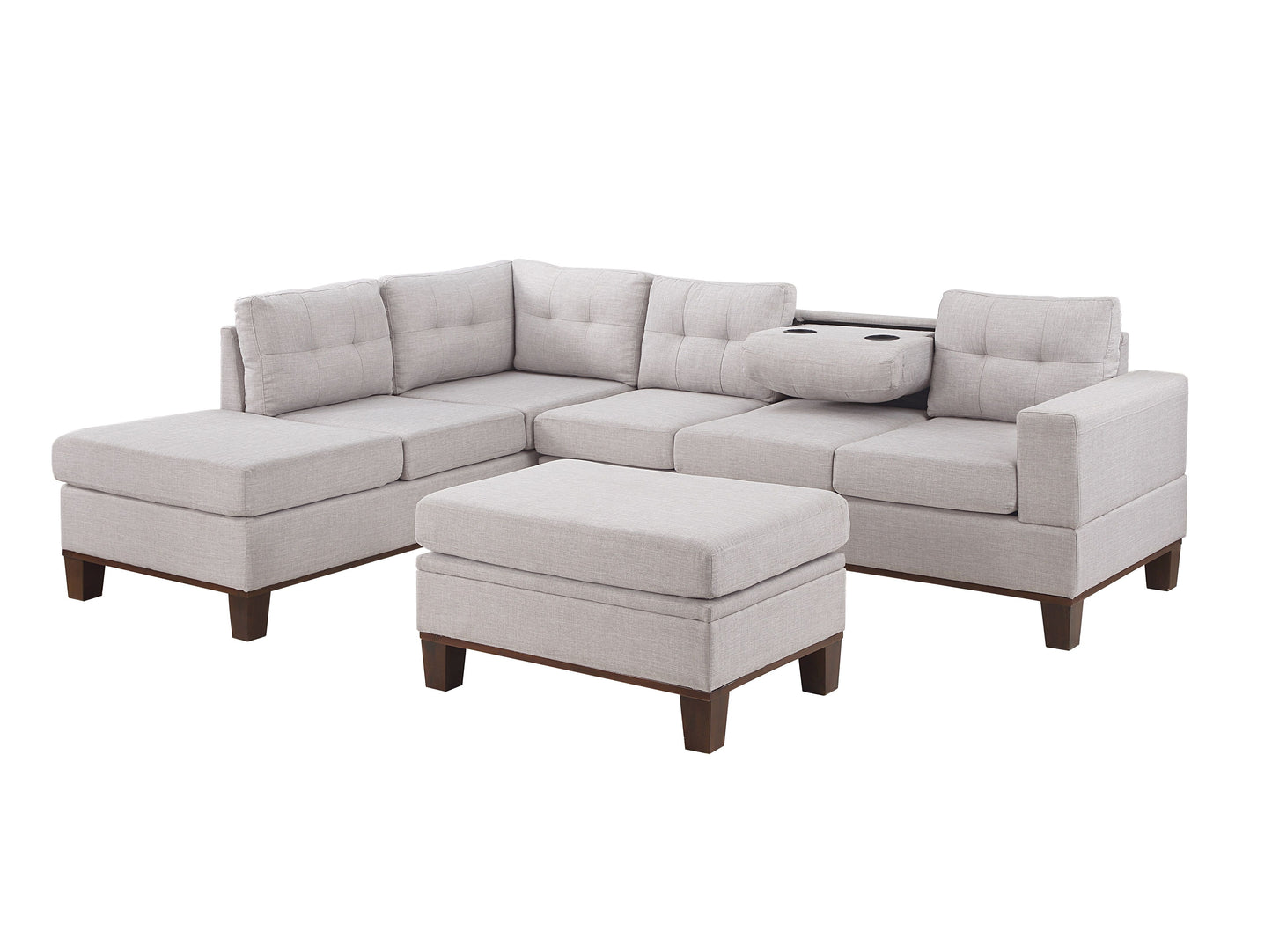 Hilo - Fabric Reversible Sectional Sofa With Dropdown Armrest, Cupholder, And Storage Ottoman