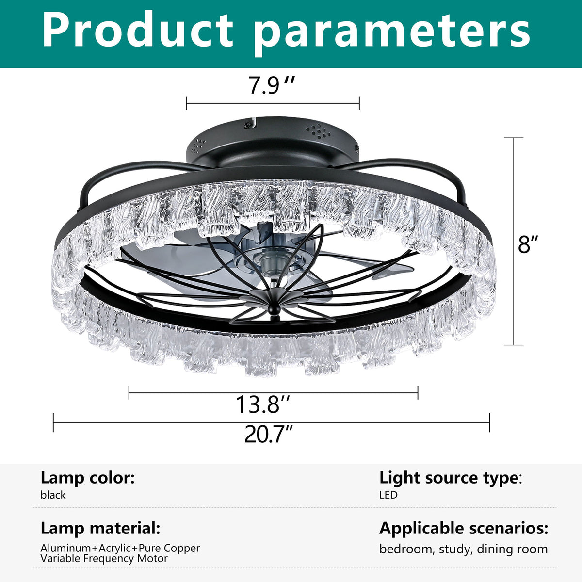 Ceiling Fan With Light, Flower Caged Ceiling Fan With Remote, LED Low Profile Ceiling Light - Matte Black