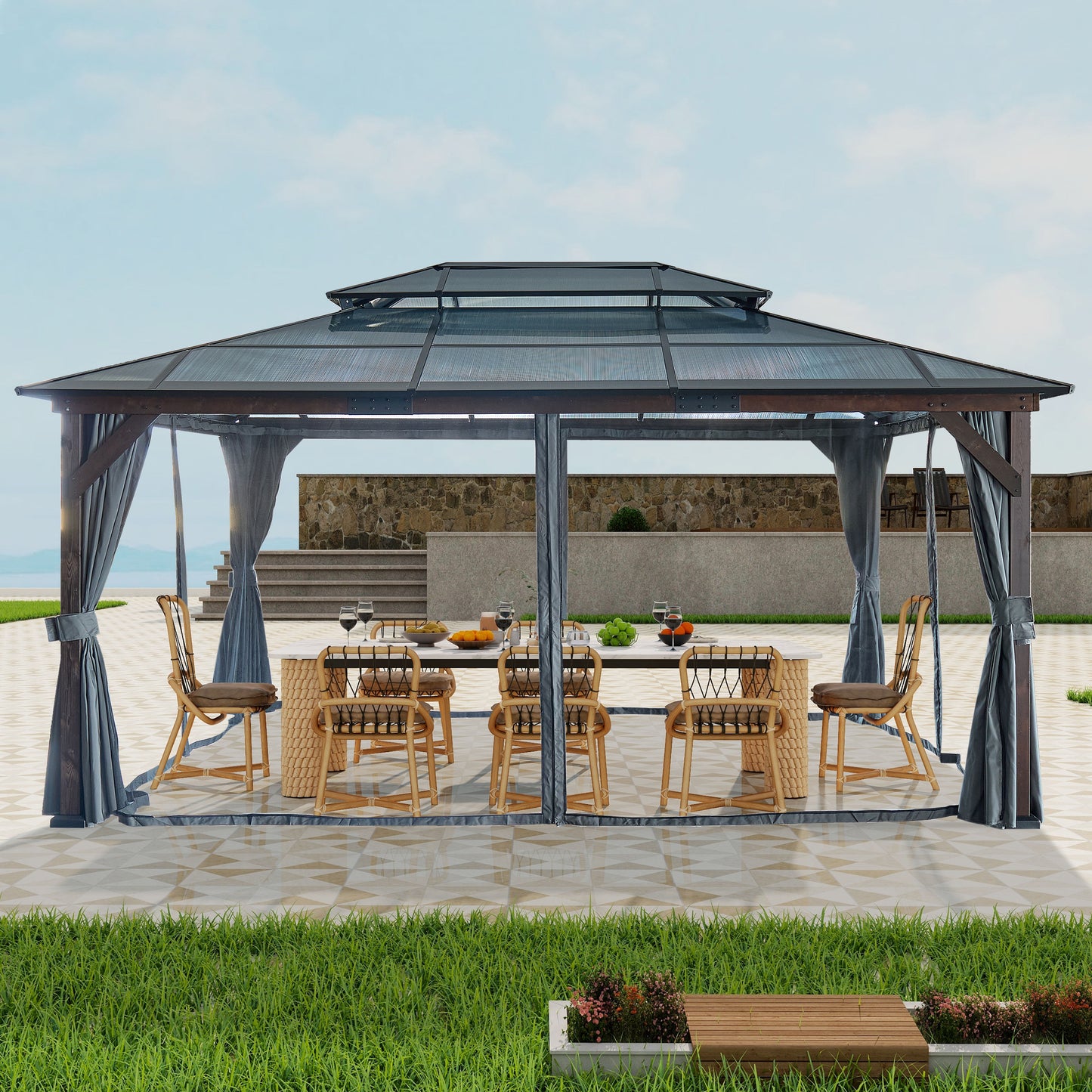 Hardtop Gazebo For Patios, Outdoor Framed Gazebo With Polycarbonate Double Roof Canopy, Solid Framed Gazebo With Privacy Curtains And Mosquito Nettings For Garden, Backyard