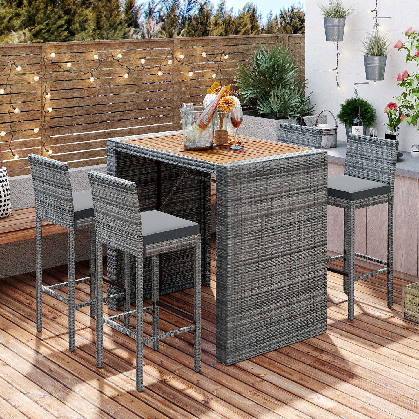 5 Pieces Outdoor Patio Wicker Bar Set, Bar Height Chairs With Non-Slip Feet And Fixed Rope, Removable Cushion, Acacia Wood Table Top - Brown / Gray