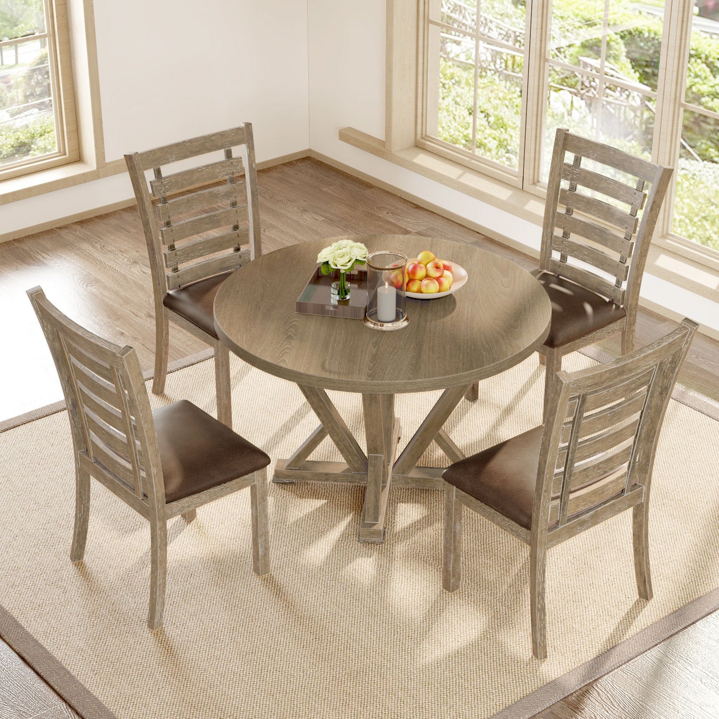 5 Pieces Table Set Round Dining Table Solid Wood Modern Farmhouse Rustic Look Distressed Look - Grayish Brown