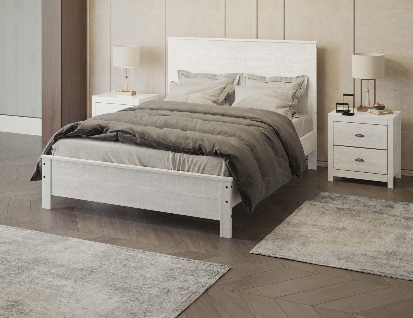 Albany 3 Piece Full Bed Set, Heavy Duty Solid Wood Full Size Bed Frame with Bedside Table Set of 2, White