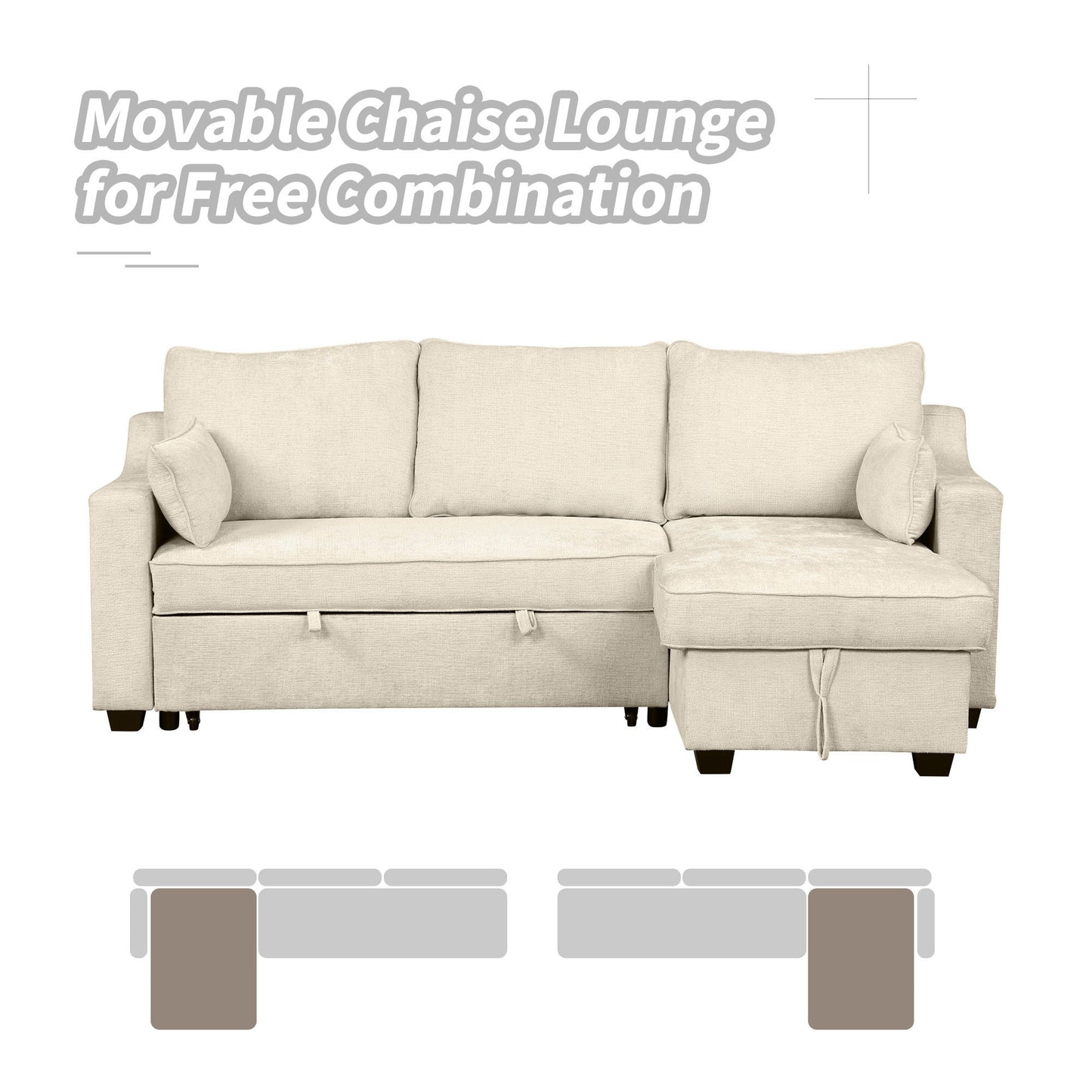 Pull Out Sleeper Sofa L-Shaped Couch Convertible Sofa Bed With Storage Chaise, Storage Racks And USB Ports