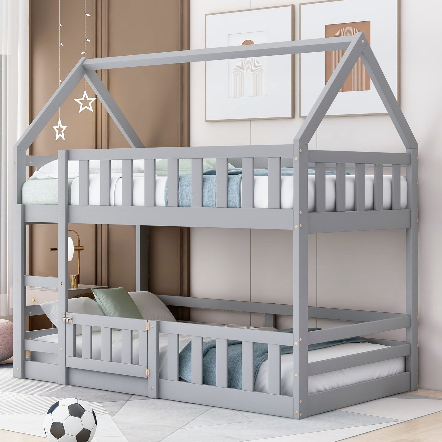 Twin Over Twin House Bunk Bed With Fence And Door