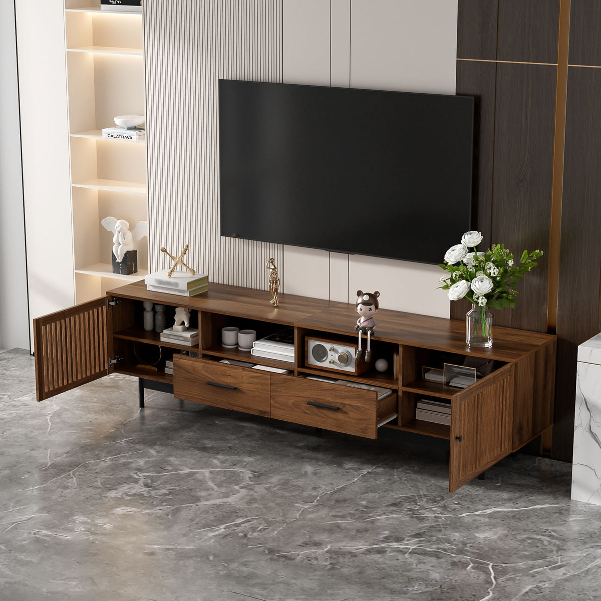TV Stand, Media Console With 2 Drawers, Soft Closing Slatted Doors, Living Room Entertainment Center - Walnut