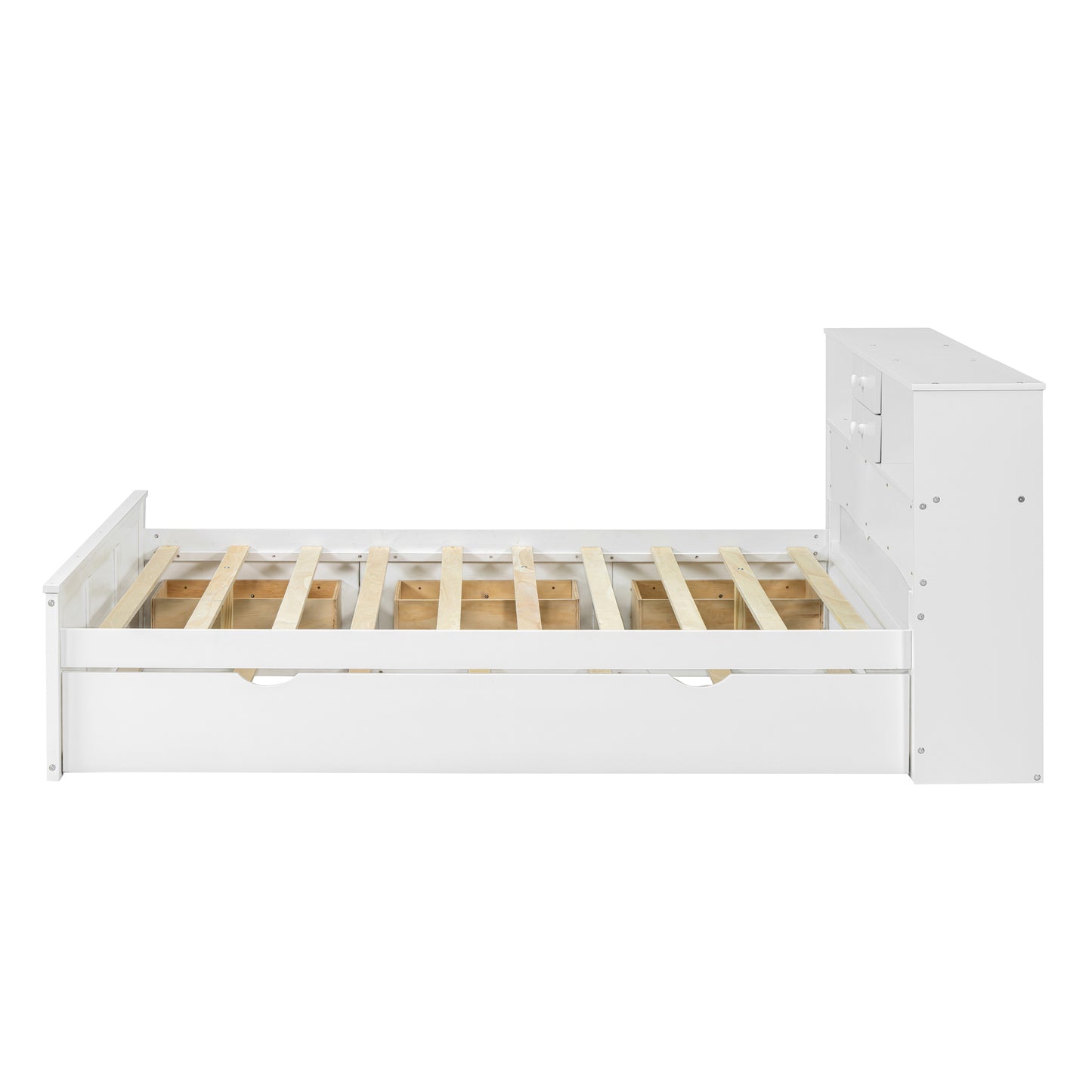 Full Size Wood Pltaform Bed with win Size Trundle, 3 Drawers, Upper Shelves and a set of USB Ports & Sockets, White