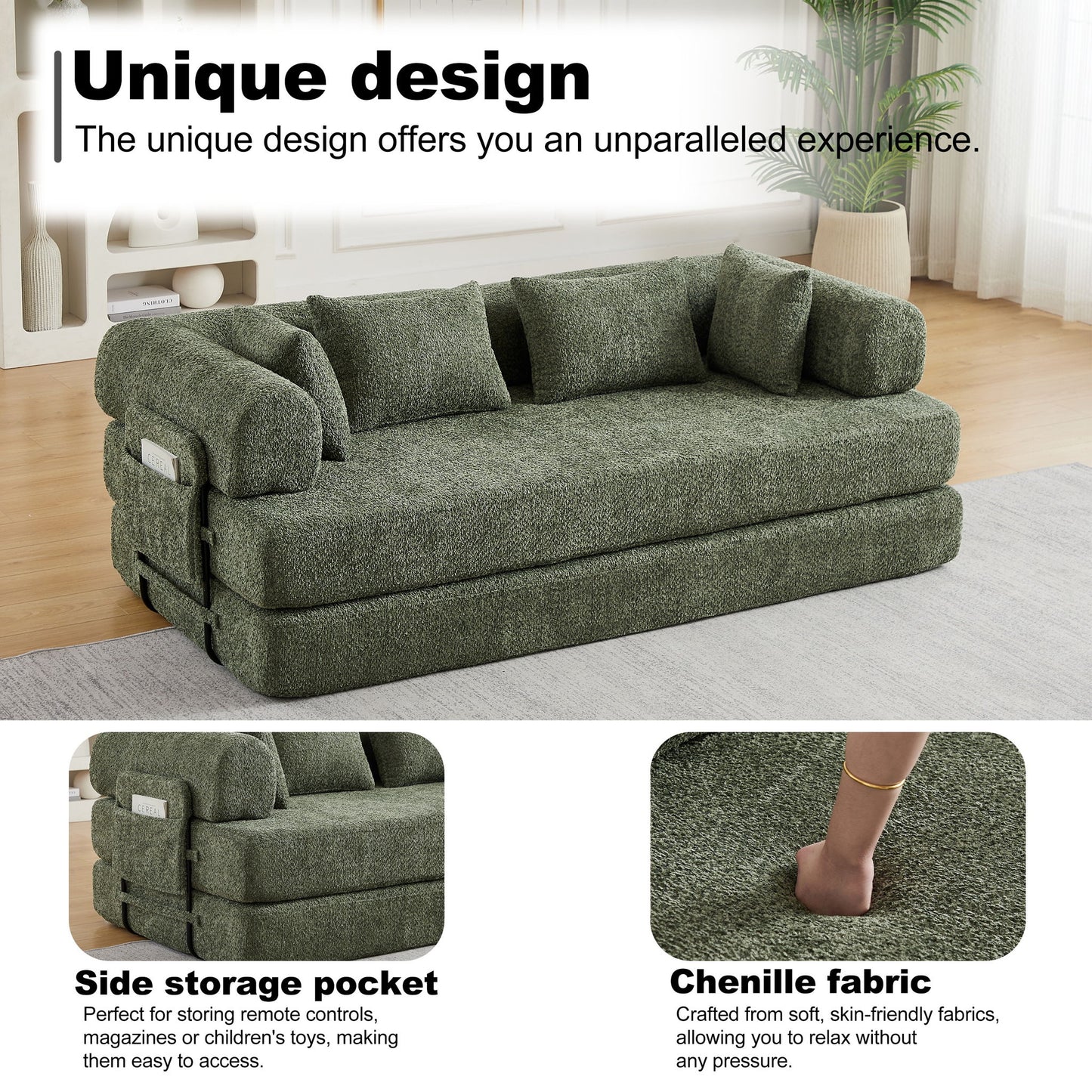Convertible Sleeper Sofa Bed With Cylindrical Pillow