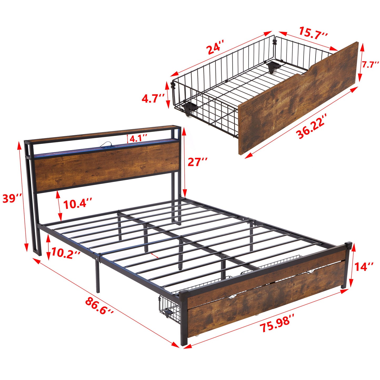 Modern King Size Metal Platform Bed Frame With Wooden Headboard USB Charging LED Lights And Storage - Brown / Black