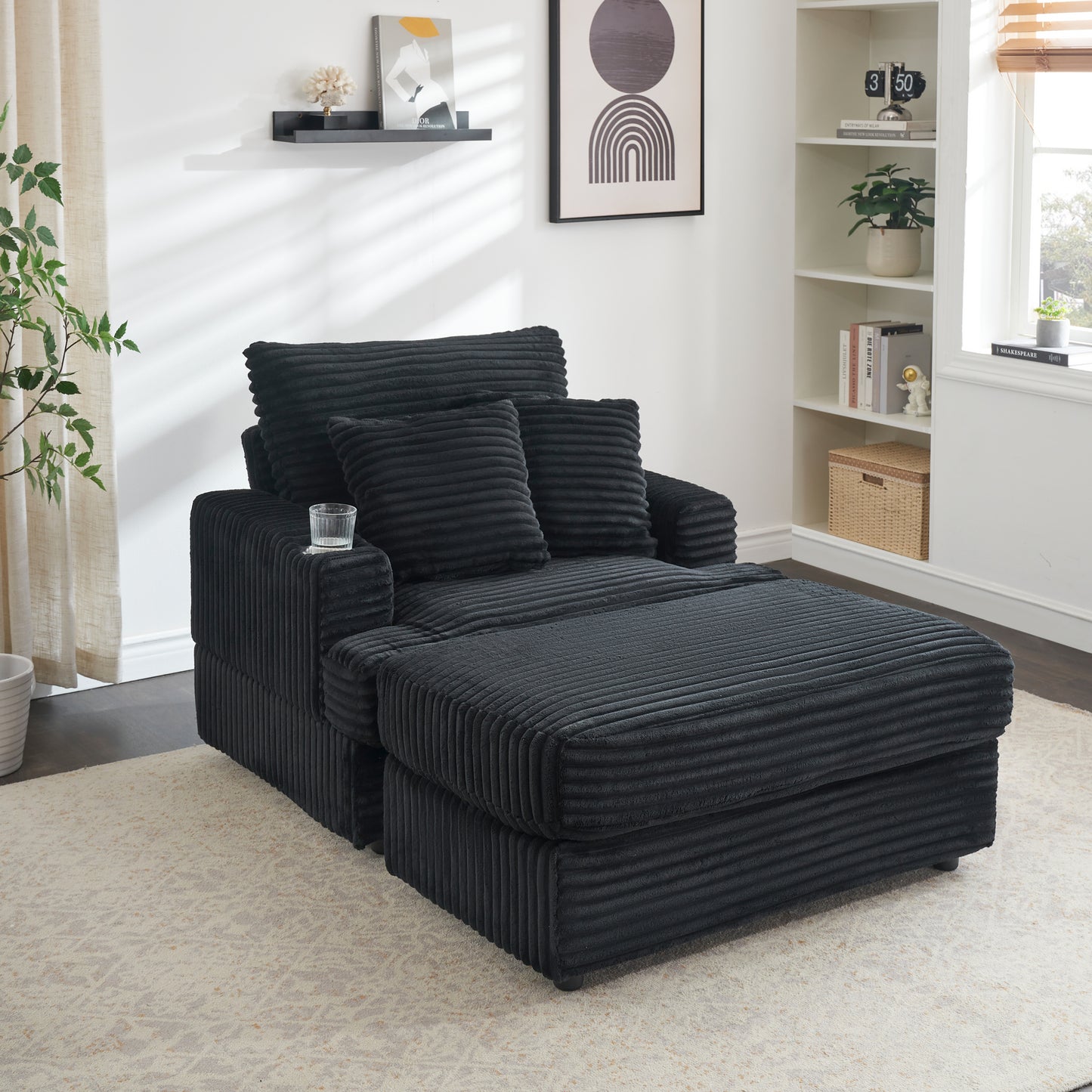 39-inch Spring upholstered armchair and Ottoman set - comfortable single sofa with cup holder and corduroy fabric, perfect for living room or bedroom