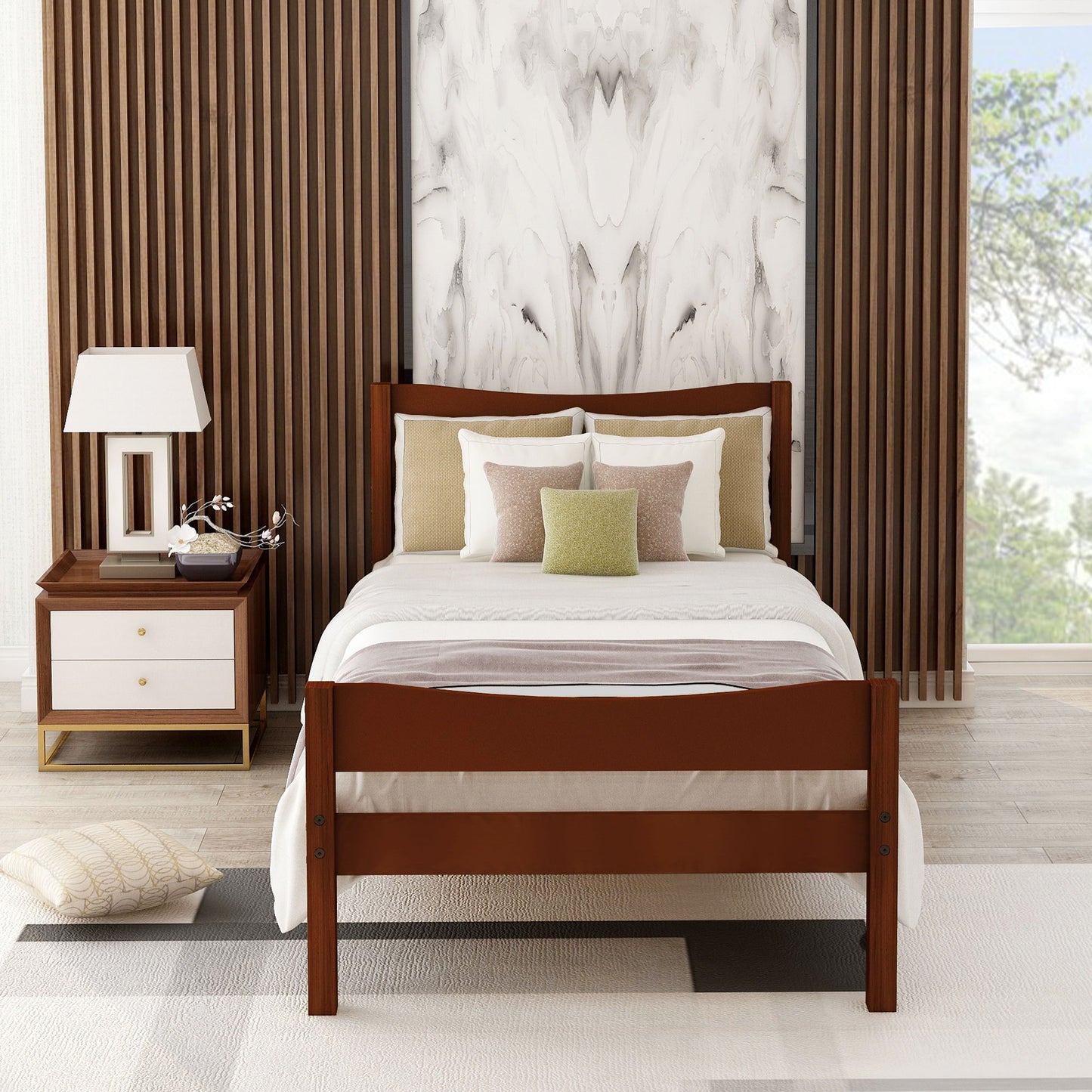 Twin Size Platform Bed With Headboard And Wooden Slat Support