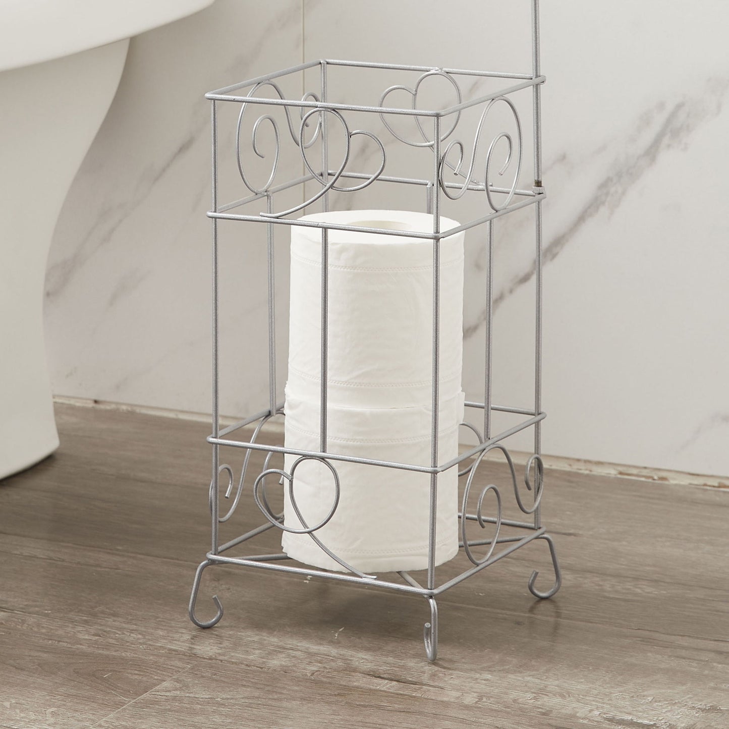 Silver Metal Frame Toilet Paper Holder Stand, Bathroom Tissue Organizer - Silver