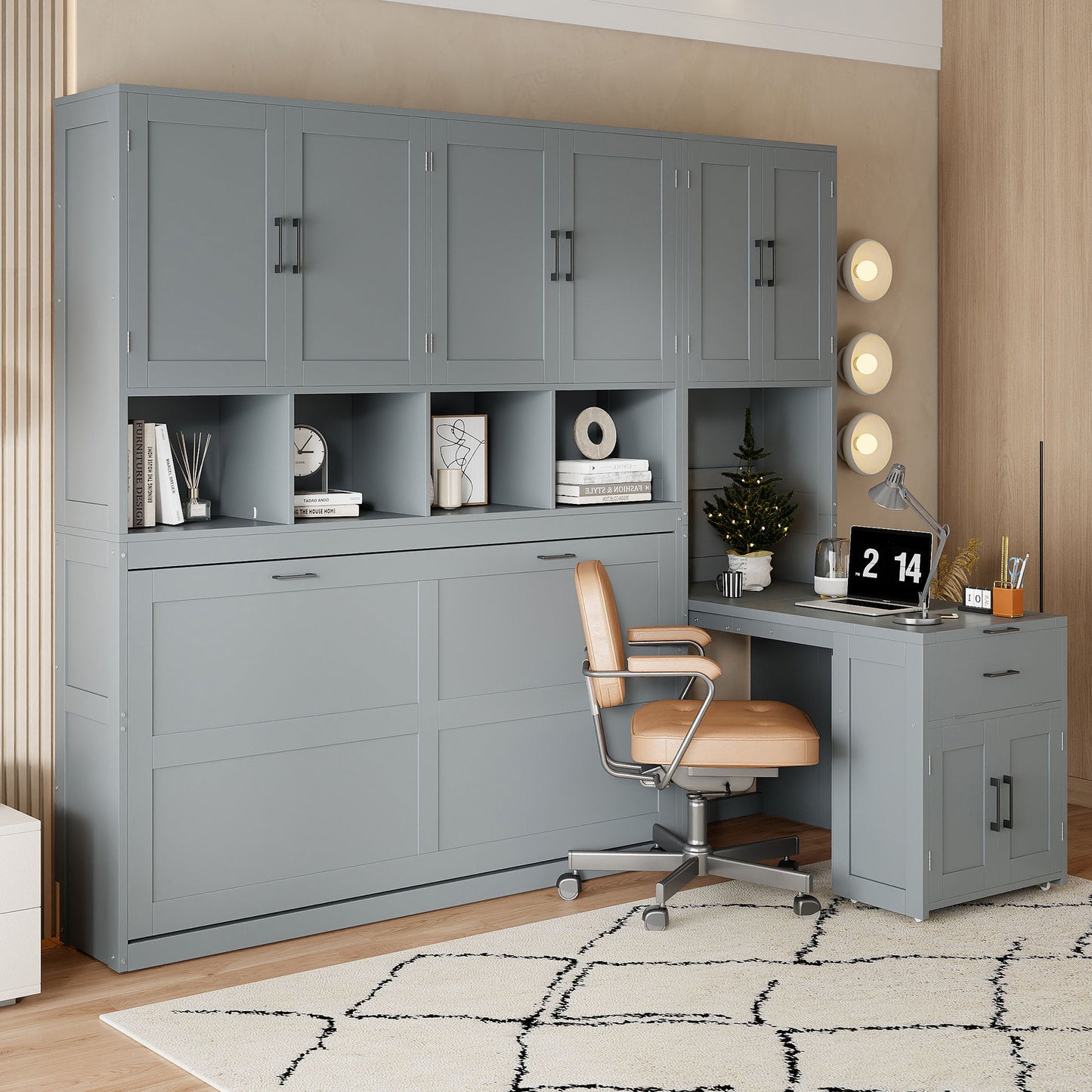 Twin Size Murphy Wall Bed With Closet, Drawers & Desk - Gray