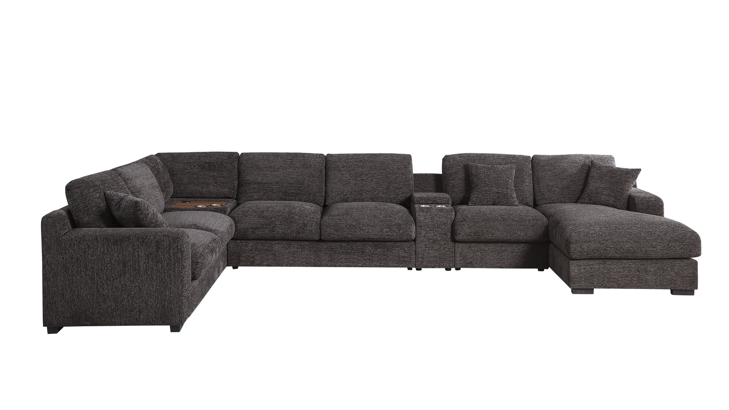 Celine - Chenille Fabric Corner Sectional Sofa With Right Facing Chaise, Cupholders, And Charging Ports - Gray