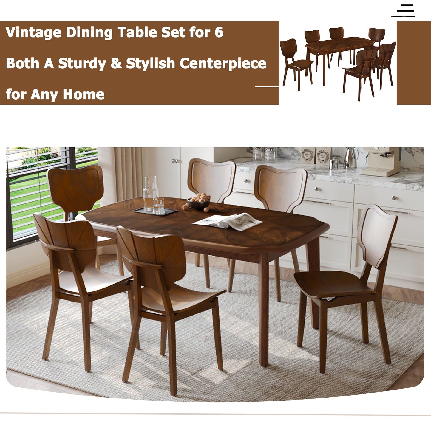 Topmax - 7 Piece Vintage Dining Table Set With 6 Dining Chairs, Kitchen Table Set For 6 With Curved Back And Seat