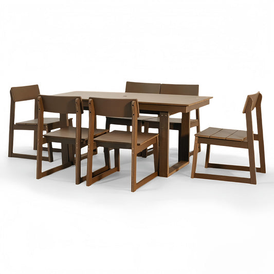 7 Piece Outdoor Dining Set For 6, Table With Umbrella Hole & 6 Armless Chairs For Backyard - Brown