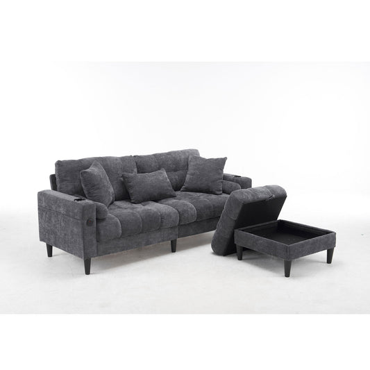 3 Seat L-Shaped Chenille Sofa With Removable And Storage Ottoman, Side Storage, And USB / C - Type Charging Ports Sofa For Living Room