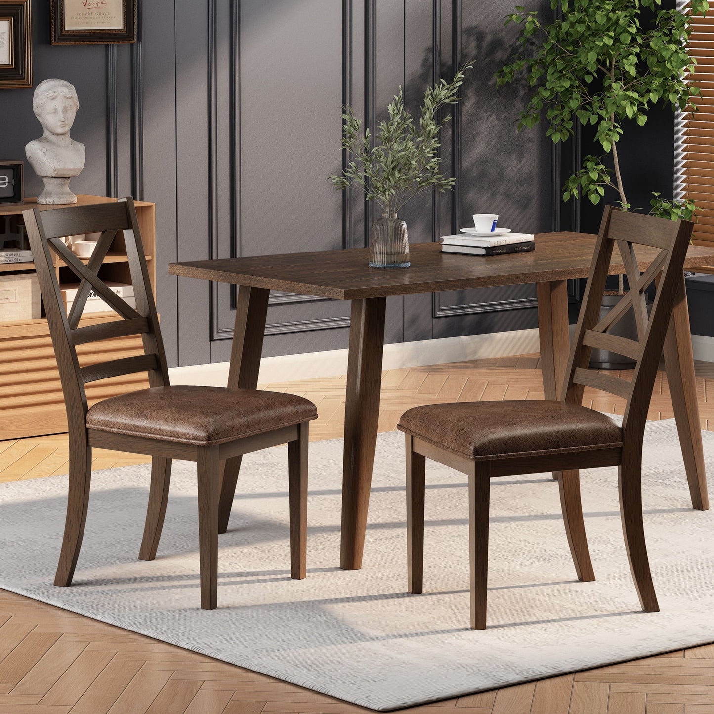 Farmhouse Style Indoor Wood Dining Set With 6 Chairs And Dining Table - Brown