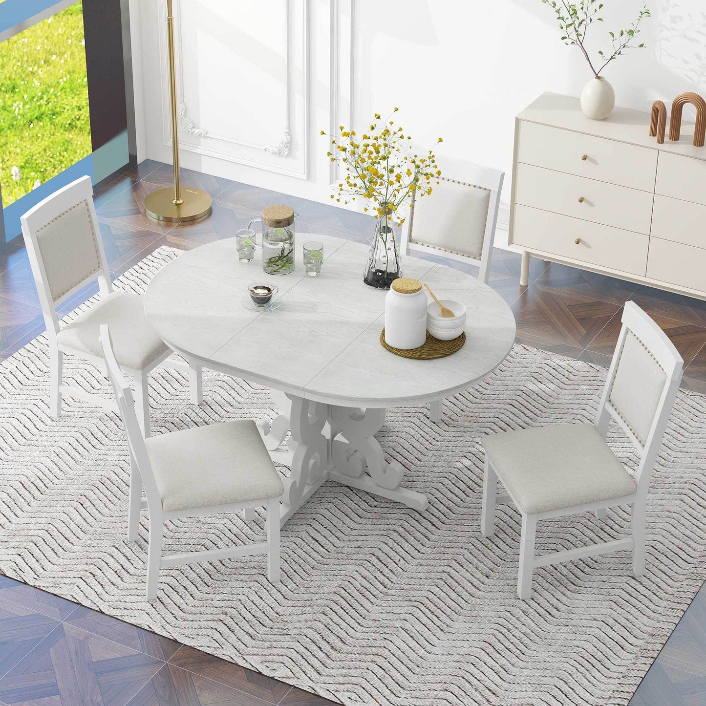 TREXM 5-Piece Retro Functional Dining Set, 1 Extendable Table with a 16-inch Leaf and 4 Upholstered Chairs for Dining Room and Kitchen (Antique White)