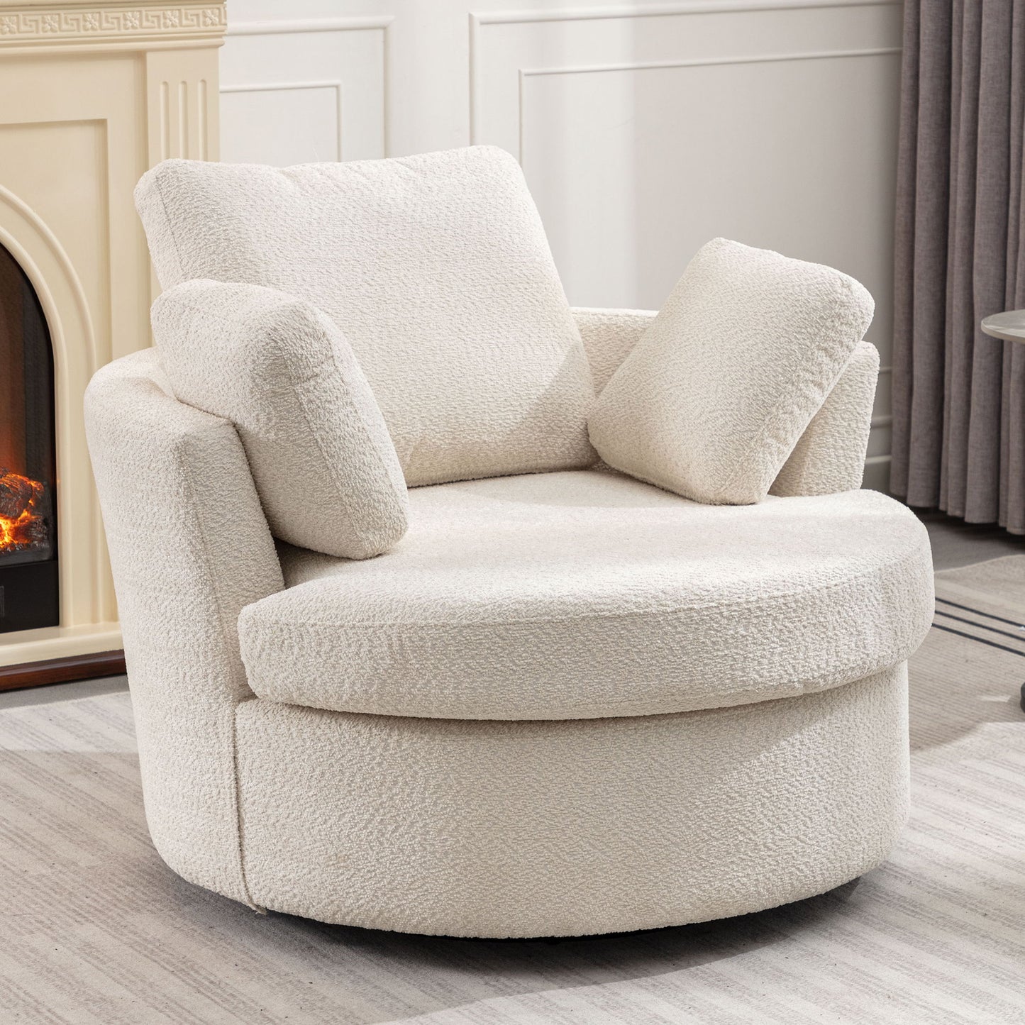 Oversize Round Swivel Chair Cozy Club 360 Degrees Swivel Sofa With 3 Pillows Fabric For Living Room Lounge Hotel - Beige