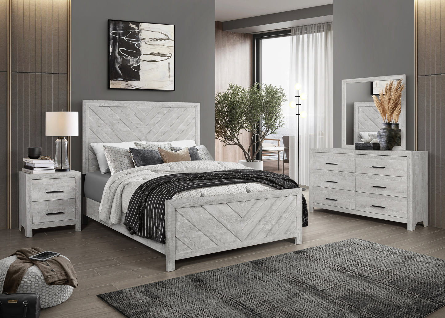 King 4PC Modern Style Storage Bedroom Set Made with Wood in Gray