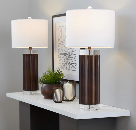 Cylinder - Fluted Contemporary Table Lamp (Set of 2) - Brown / Clear / White