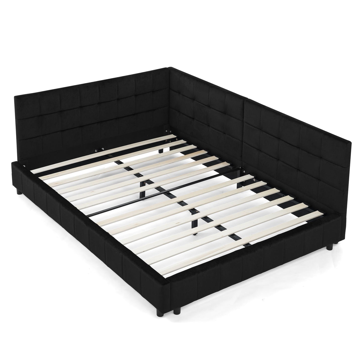 Mid-Century Storage Upholstered Tufted Bed Frame With Backrest And Armrests