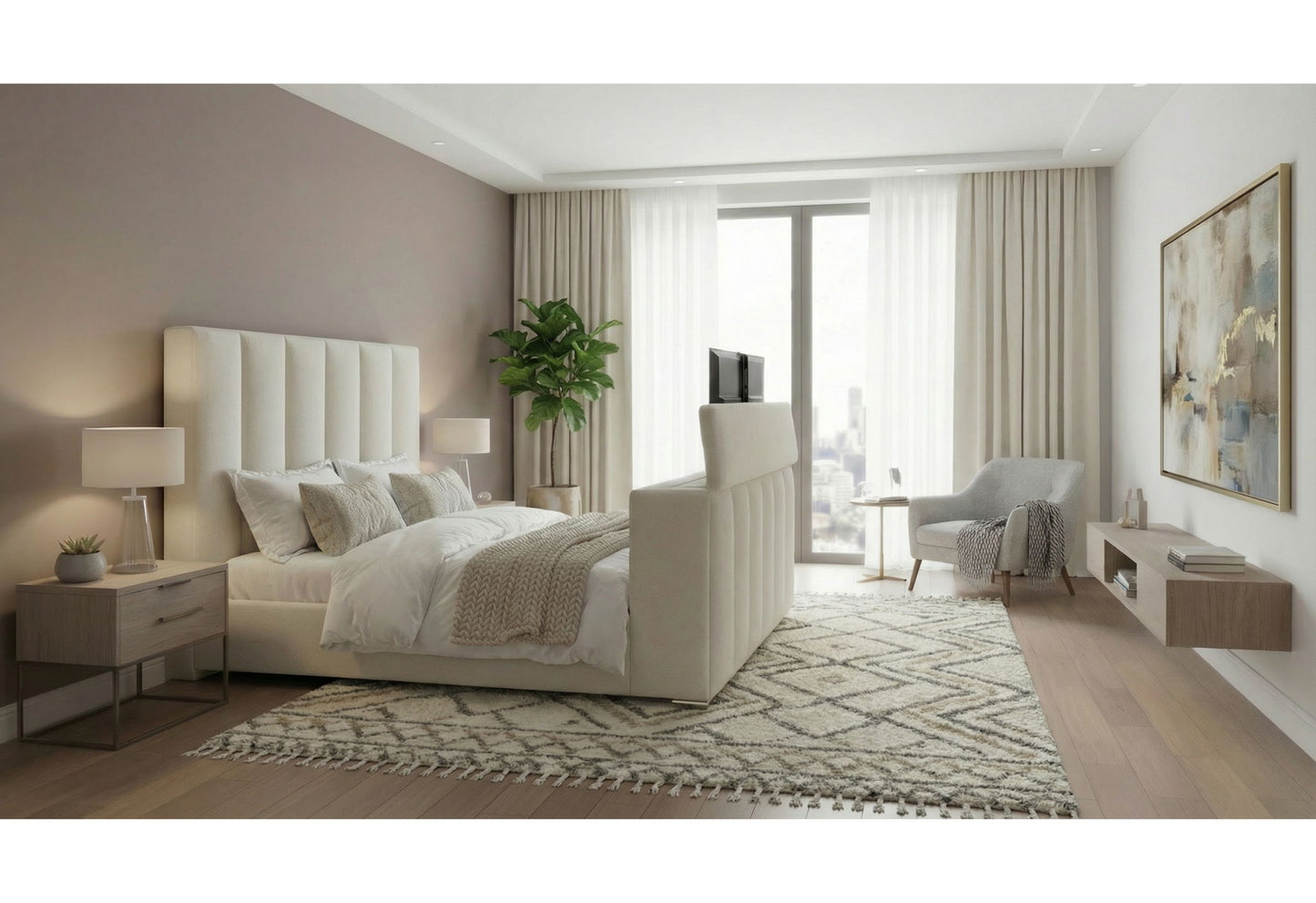 Serenity - Queen Bed Headboard With Global Surround Speaker System - Cream / Beige